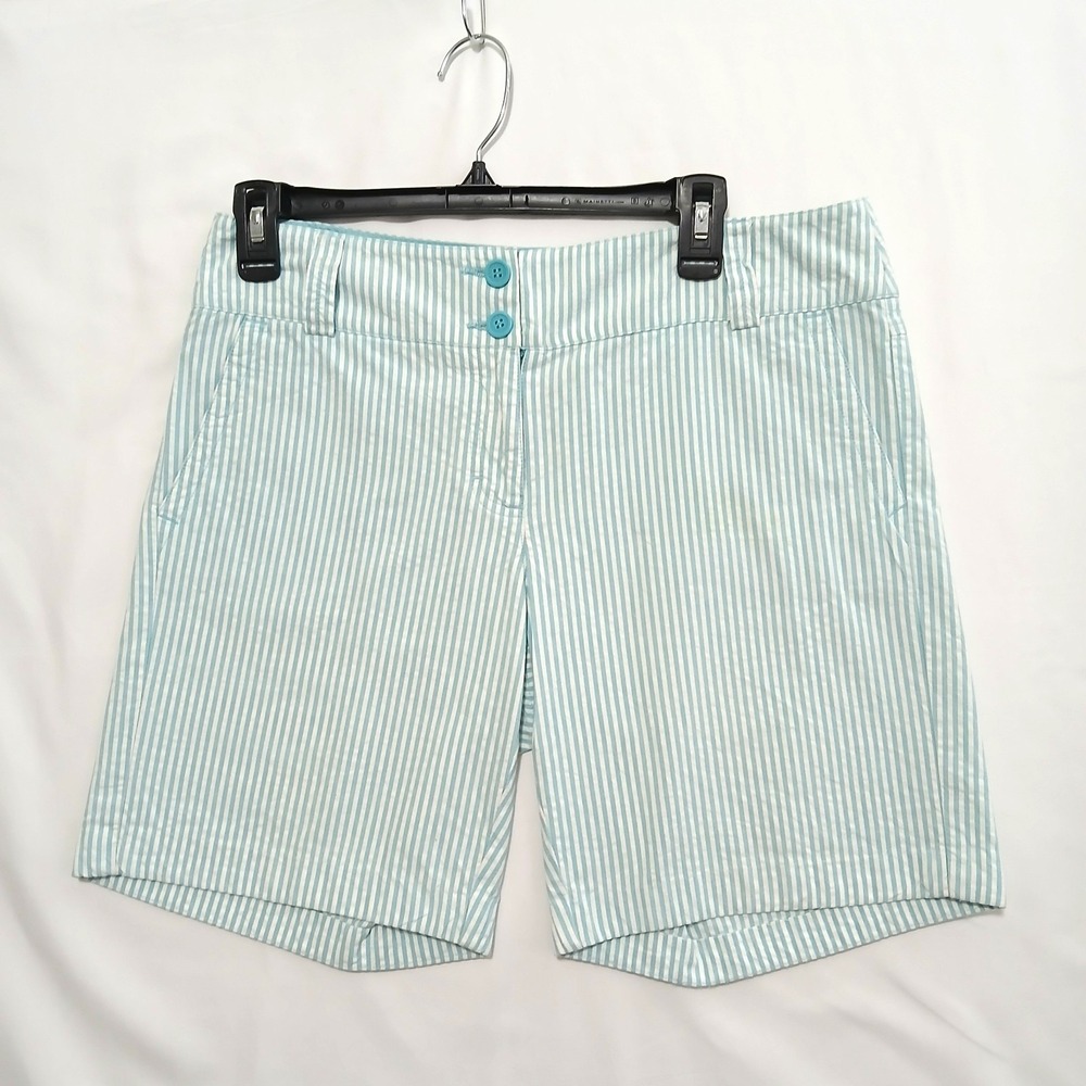 NEW NYC Manhattan Chino Shorts Women's 8 Light Green Striped Button Zip Casual